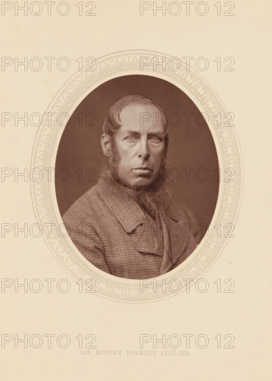 Sir Robert Porrett Collier, page, photomechanical print, photographer: Lock & Whitfield, cliché maker: anonymous, c. 1875 - in or before 1880, paper, Woodburytype, Woodbury Process, height 115 mm x width 89 mm, Person, Robert Collier, magistracy, judges, historical persons (portraits and scenes from the life) ((full) bust portrait), A sepia-toned oval portrait of a middle-aged man with a full beard and sideburns, wearing a patterned jacket and facing slightly toward the camera with a neutral expression, set against a plain dark background and surrounded by a decorative oval border on a light beige mat.