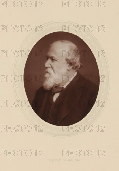 Robert Browning, page, photomechanical print, photographer: Lock & Whitfield, cliché maker: anonymous, c. 1876 - in or before 1881, paper, Woodburytype, Woodbury Process, height 115 mm x width 89 mm, Person, writer, poet, author, historical persons (portraits and scenes from the life) ((full) bust portrait), An oval portrait of an older man shown in profile facing left, with light hair combed back, a full white beard and mustache, and a lined face; he wears a dark coat with a vest and a light-colored shirt with a bow at the collar, set against a dark background and surrounded by an ornate embossed oval frame on a light-colored mat.