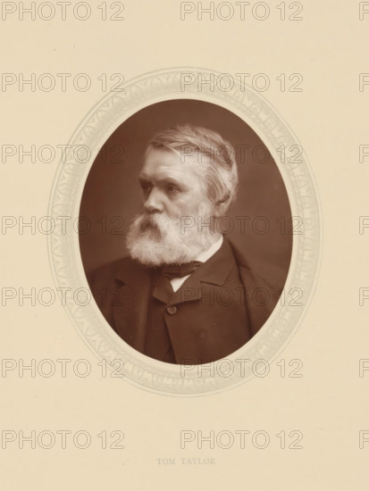 Tom Taylor, page, photomechanical print, photographer: Lock & Whitfield, cliché maker: anonymous, c. 1876 - in or before 1881, paper, Woodburytype, Woodbury Process, height 115 mm x width 89 mm, Person, criticzing and discussing art, art critical, historical persons (portraits and scenes from the life) ((full) bust portrait), An oval-framed sepia portrait of an older man shown from the chest up, with neatly combed light hair and a full white beard, wearing a dark suit jacket, waistcoat, and a bow tie, set against a plain dark background and surrounded by a decorative light-colored mat.