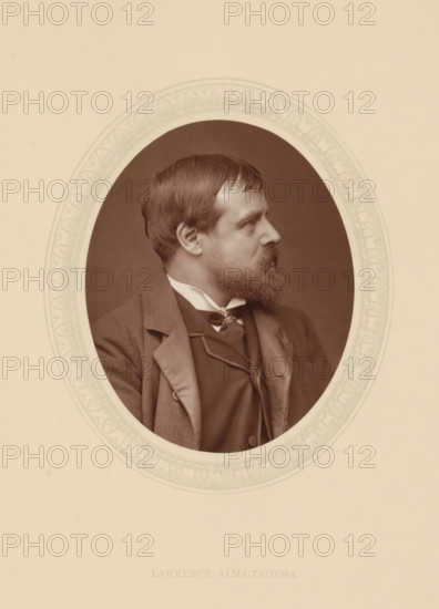 Lawrence Alma-Tadema, page, photomechanical print, photographer: Lock & Whitfield, cliché maker: anonymous, c. 1876 - in or before 1881, paper, Woodburytype, Woodbury Process, height 115 mm x width 89 mm, Person, Lourens Alma Tadema, portrait, self-portrait of painter, historical persons (portraits and scenes from the life) ((full) bust portrait), A sepia-toned oval portrait of a bearded man in profile facing right, set within a decorative oval border on a pale background, showing his short hair, mustache, and full beard, a collared shirt with a necktie or cravat, a layered jacket and waistcoat, and a neutral dark backdrop inside the oval.