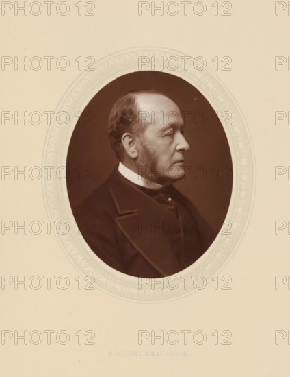 Viscount Cranbrook, GCSI, page, photomechanical print, photographer: Lock & Whitfield, cliché maker: anonymous, c. 1876 - in or before 1881, paper, Woodburytype, Woodbury Process, height 115 mm x width 89 mm, Person, Gathorne Gathorne-Hardy, politician, eg party leader, historical persons (portraits and scenes from the life) ((full) bust portrait), An oval sepia photograph of an older man in profile set against a dark background and framed by a decorative light-colored border, showing his side view with short hair and sideburns, a high collar and dark coat with lapels, and a neutral facial expression.