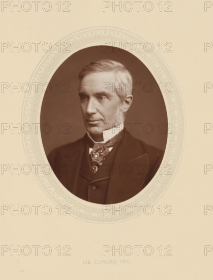 Sir Edward Fry, page, photomechanical print, photographer: Lock & Whitfield, cliché maker: anonymous, c. 1876 - in or before 1881, paper, Woodburytype, Woodbury Process, height 115 mm x width 89 mm, Person, Edward Fry, magistracy, judges, historical persons (portraits and scenes from the life) ((full) bust portrait), A sepia-toned oval portrait of a middle-aged man with light-colored hair combed to the side and prominent sideburns, wearing a dark suit jacket, waistcoat, and a patterned cravat with a high white collar, set against a plain darker background and surrounded by a pale decorative oval mat on a light beige page.