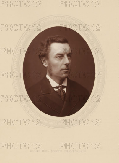 Right hon. Joseph Chamberlain, page, photomechanical print, photographer: Lock & Whitfield, cliché maker: anonymous, c. 1876 - in or before 1881, paper, Woodburytype, Woodbury Process, height 115 mm x width 89 mm, Person, Joseph Chamberlain, politician, eg party leader, historical persons (portraits and scenes from the life) ((full) bust portrait), A sepia-toned oval portrait of a man with neatly combed dark hair and sideburns, wearing a dark suit jacket, a white shirt collar, and a patterned necktie, set against a dark background and framed by a decorative light-colored oval mat on a pale page.