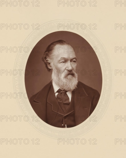 Alfred Elmore, page, photomechanical print, photographer: Lock & Whitfield, cliché maker: anonymous, c. 1876 - in or before 1881, paper, Woodburytype, Woodbury Process, height 115 mm x width 89 mm, Person, portrait, self-portrait of painter, historical persons (portraits and scenes from the life) ((full) bust portrait), An oval sepia portrait of an older man with a full white beard and mustache, his hair combed back from his forehead and slightly wavy at the sides, wearing a dark suit jacket with wide lapels, a vest, and a dark cravat, set against a plain darker background and surrounded by a decorative oval mat with a pale patterned border on a light beige mount.