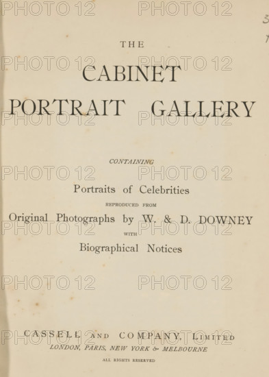 The cabinet portrait gallery containingg portraits of celebrities reproduced from original photographs by W. and D. Downey, book, inscription: 'St. Sampson's Wesleyan PSA Prize Miss ...', publisher: Cassell & Co., London, 1894, Cassell & Co., publisher, textile materials, paper, linen (material), Woodburytype, height 250 mm x width 200 mm x thickness 35 mm, A vertically oriented aged book page with a cream background and scattered small brown foxing marks, containing several lines of large serif printing arranged across the upper and middle areas, a wide blank lower area, and a narrow darker margin visible along the left edge.