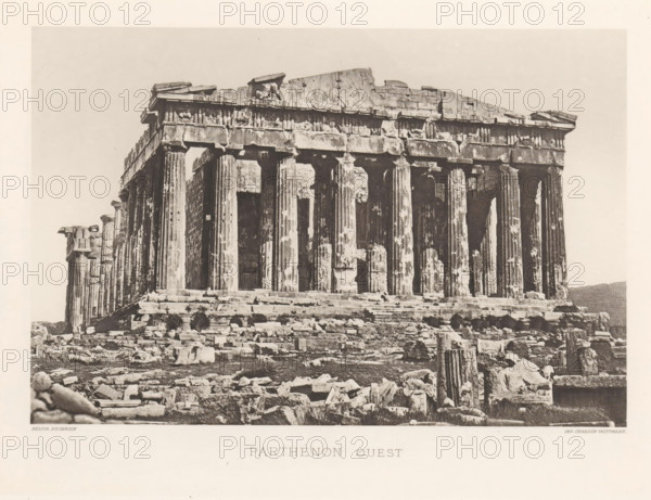 Parthénon ouest, Parthenon on the Acropolis of Athens, page, photomechanical print, Athens, cliché maker: Dujardin, printer (person): Chardon-Wittmann, c. 1880 - in or before 1890, photographer, printer (person), Athene, Periféreia Protevoúsis, paper, photoaquatint, height 145 mm x width 215 mm, ruin of a building, architecture, temple, shrine, Greek religion, Acropolis, Parthenon, A wide sepia photograph of an ancient stone temple façade showing tall fluted columns supporting a weathered entablature and partially ruined pediment, with chipped and eroded details on the column shafts and decorative frieze; broken stone blocks, column drums, and scattered rubble cover the stepped foreground and surround the base of the structure, while the sky behind the temple appears pale and unobstructed.
