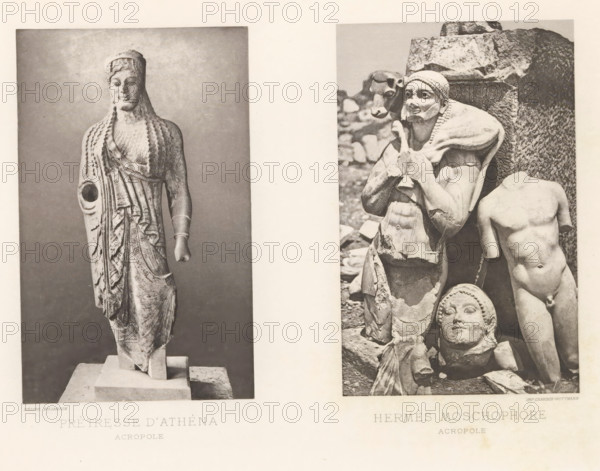 Priestess of Athena, Hermes Moschophore, Sculpture of a priestess of Pallas Athena and a sculpture of Hermes with a calf on his shoulders, page, photomechanical print, cliché maker: Dujardin, printer (person): Chardon-Wittmann, c. 1880 - in or before 1890, photographer, printer (person), paper, photoaquatint, height 237 mm x width 322 mm, Prints opposite page 89., sculpture, (story of) Mercury (Hermes), calf, priest, Greek religion - EE - priestess, A photographic plate showing two separate grayscale images of ancient stone sculptures separated by a vertical blank margin, the left image depicting a draped female figure standing on a rectangular base with braided hair and detailed garment folds, the figure missing one forearm and the visible hand shaped into a small fist, and the right image showing a clustered arrangement of fragmented sculptures including a bearded male figure wearing a cap and holding an object near his chest, a headless nude torso, a detached sculpted head with curl...