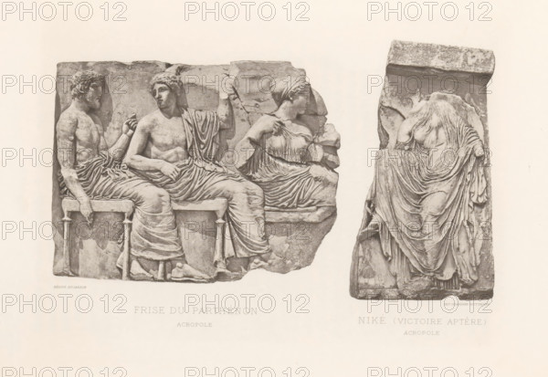 Frise du Parthénon Acropole, Niké (victoire aptère) Acropole, Part of the Parthenon frieze and a relief of Nikè, page, photomechanical print, cliché maker: Dujardin, printer (person): Chardon-Wittmann, c. 1880 - in or before 1890, photographer, printer (person), paper, photoaquatint, height 237 mm x width 322 mm, Prints opposite page 90., sitting figure, sculpture (relief, sculpture), (story of) Nike, A photograph of two stone relief fragments depicting seated and draped figures carved in classical style, arranged side by side on a plain background; the left fragment shows a group of three seated figures on a bench, two male figures with muscular torsos and draped lower garments and a female figure with a head covering and flowing robes, their limbs and garments rendered with carved folds and one figure resting an arm on the bench leg, while the right fragment shows a single draped female figure leaning slightly with richly carved cascading folds in her garment and an arm bent near her...