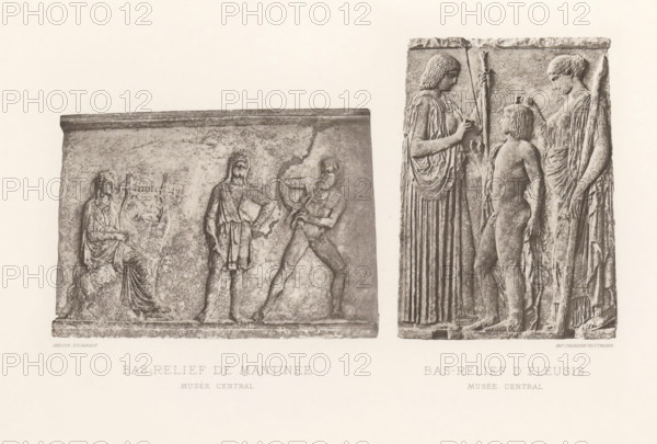 Bas relief from Mantinea and a bas relief from Eleusis, Bas-relief de Mantinée, Bas-relief d'Éleusis, page, photomechanical print, cliché maker: Dujardin, printer (person): Chardon-Wittmann, c. 1880 - in or before 1890, Dujardin, Chardon-Wittmann, photographer, cliché maker, printer (person), paper, photoaquatint, height 237 mm x width 322 mm, Prints opposite page 94., making music, musician with instrument, sculpture (relief, sculpture), Eleusinian mysteries, in honor of Demeter, Two rectangular stone relief panels are shown side by side on a pale background. The left panel depicts seated and standing figures carved in low relief, with one seated figure wearing draped clothing and holding an object, a central standing figure in short tunic with one hand on hip, and another partially nude figure holding a large rounded vessel. The right panel shows taller, more vertical figures in higher relief, with two women in long, flowing robes holding staffs and a naked youth standing between the...