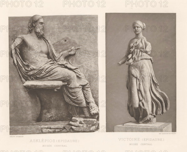 Relief of Asclepius and a sculpture of Nikè, Victoire (Epidaure), Asklépios (Epidaure), page, photomechanical print, cliché maker: Dujardin, printer (person): Chardon-Wittmann, c. 1880 - in or before 1890, photographer, printer (person), paper, photoaquatint, height 237 mm x width 322 mm, Prints opposite page 95., sculpture, (story of) Aesculapius (Asclepius), (story of) Nike, The image shows two grayscale photographs side by side of sculpted figures mounted on a beige background; on the left is a reclining male figure with a bearded face and draped cloth over his torso and legs, seated on a ledge with a bent arm extending outward and a weathered surface with visible chips and cracks, and on the right is a standing female figure wearing flowing drapery with one arm missing and hair pulled back in a bun, posed on a rectangular plinth against a plain backdrop.