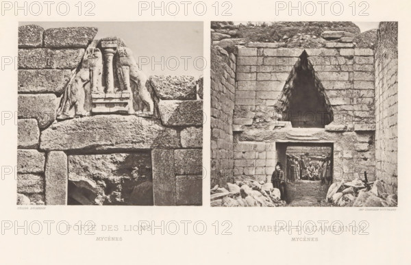 Lions Gate at Mycenae and the Treasury of Atreus at Mycenae, Tombeau d'Agamemnon Mycènes, Porte des lions Mycènes, page, photomechanical print, Mycenae, cliché maker: Dujardin, printer (person): Chardon-Wittmann, c. 1880 - in or before 1890, Dujardin, Chardon-Wittmann, photographer, cliché maker, printer (person), Pelopónnesos, paper, photoaquatint, height 237 mm x width 322 mm, Prints opposite page 139., grave, tomb, gate, entrance, sculpture (relief, sculpture), Lion's Gate (Mycenae), Treasury of Atreus, Two adjacent black and white photographs are printed on a pale page. The left photograph shows a close view of a stone wall with large rough blocks and a carved relief set into the masonry depicting two symmetrical feline figures flanking a central column-like motif. The stone blocks vary in texture, with some smoother faces and some pitted surfaces, and a rectangular opening at the bottom edge reveals irregular rock inside. The right photograph shows a view through a large stone ent...