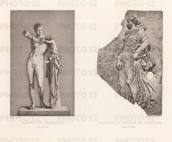 Sculpture of Hermes with the child Dionysos and a relief of a dancer, Danseuse du théatre de Dionysos Acropole, Hermès de Praxitèle Olympie, page, photomechanical print, cliché maker: Dujardin, printer (person): Chardon-Wittmann, c. 1880 - in or before 1890, photographer, printer (person), paper, photoaquatint, height 237 mm x width 322 mm, Prints opposite page 148., sculpture, woman dancing alone, (story of) Mercury (Hermes), A wide image shows two grayscale photographs of classical stone sculptures mounted on a pale background; on the left is a full-length statue of a nude male figure standing on a rectangular base with a smaller draped child figure clinging to his side, the male has short curly hair and a muscular torso, one arm is missing from the shoulder and the other rests near the child's head, the drapery of the child's garment falls in folds beside the man's thigh; on the right is a fragmentary relief of a robed female figure carved into a rough stone slab, shown in profile w...