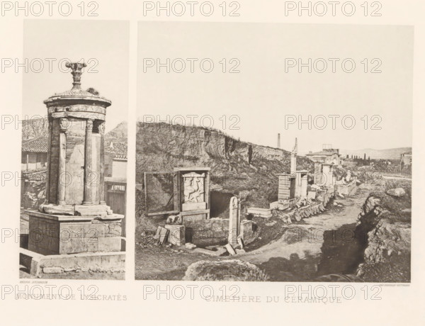 Monument of Lysicrates in Athens and a view of the cemetery of Kerameikos, Cimetière du céramique, Monument de Lysicratès, page, photomechanical print, Athens, cliché maker: Dujardin, printer (person): Chardon-Wittmann, c. 1880 - in or before 1890, photographer, printer (person), Athene, Periféreia Protevoúsis, paper, photoaquatint, height 245 mm x width 323 mm, Prints opposite page 23., churchyard, cemetery, monument, statue, A sepia-toned panoramic image divided into two vertical panels showing ancient stone ruins and monuments set against a rocky hillside and open sky; the left panel features a cylindrical stone monument with a decorative capital and fluted columns standing on a multi-tiered square base, tiled roofs and small structures visible behind it; the right panel shows a dirt path lined with stone blocks, carved reliefs, upright slabs and broken architectural fragments leading toward scattered buildings and distant low hills, with a rocky embankment in the foreground and a c...