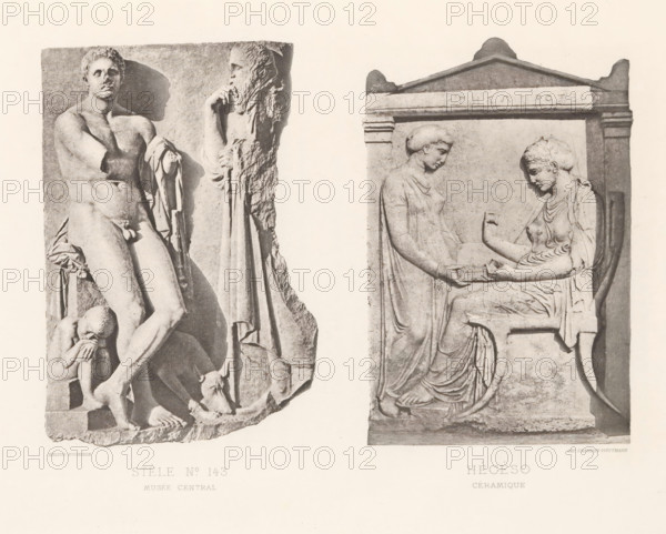 Hégéso céramique, Stele no. 143 musée central, Stele of Illissos and funerary stele of Hegesa, page, photomechanical print, Athens, cliché maker: Dujardin, printer (person): Chardon-Wittmann, c. 1880 - in or before 1890, photographer, printer (person), Athene, Periféreia Protevoúsis, paper, photoaquatint, height 245 mm x width 323 mm, Prints opposite page 25., sculpture (relief, sculpture), upright gravestone, A grayscale photograph shows two separate relief sculptures on a light background, one on the left depicting a muscular nude male figure standing with a cloak draped over one arm and a smaller childlike figure crouched at his feet, alongside a bearded robed figure whose hand rests near his face, the carved stone edges visible; the relief on the right shows two seated draped female figures facing each other within an architectural frame, one holding a shallow rectangular object while the other extends an arm toward it, with detailed folds in their garments and a peaked pediment ab...