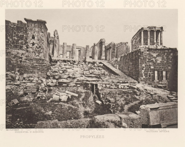 Propylées, View of the Propylées of the Acropolis of Athens, page, photomechanical print, inscription: 'Piedestal d'Agrippa Victoire aptère', Athens, cliché maker: Dujardin, printer (person): Chardon-Wittmann, c. 1880 - in or before 1890, Dujardin, Chardon-Wittmann, photographer, cliché maker, printer (person), Athene, Periféreia Protevoúsis, paper, photoaquatint, height 145 mm x width 215 mm, ruin of a building, architecture, gate, entrance, staircase, Acropolis, Propylaea (Athens), A wide monochrome photograph shows an ancient stone entrance with a broad flight of worn steps leading upward through rubble and scattered carved blocks toward a row of weathered columns and lintels at the top; flanking the steps are massive stone walls and terraces built of irregular blocks, with a small rectangular opening in the foreground wall and remnants of broken architectural elements strewn across the uneven ground; on the right a raised platform supports a small colonnaded structure with slender ...
