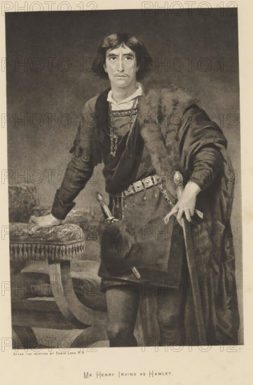 Mr. Henry Irving as Hamlet, reproduction, page, photomechanical print, photographer: Downey, William & Daniel, cliché maker: anonymous, after painting by Edwin Long, c. 1883 - in or before 1893, paper, photoaquatint, height 216 mm x width 147 mm, Print on frontispiece., Person, Henry Irving, portrait of actor, actress, A monochrome portrait of a man standing with one hand resting on a cushioned stool and the other holding a sword by its hilt, wearing a layered outfit that includes a fur-trimmed cloak draped over one shoulder, a dark tunic with decorative chain and belt details, and a white collar visible at the neck; he has medium-length dark hair with bangs, a somber facial expression, and is shown against a plain, shaded background with the lower edge of the image revealing part of a patterned floor.