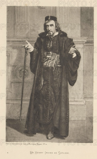 Mr. Henry Irving as Shylock, page, photomechanical print, photographer: Lock & Whitfield, cliché maker: anonymous, c. 1883 - in or before 1893, paper, photoaquatint, height 217 mm x width 139 mm, Person, Henry Irving, portrait of actor, actress, A black and white portrait of a man standing indoors against a paneled wall, wearing a long dark robe with wide sleeves and a patterned sash around his waist, a dark cap on his head, and a beard and mustache; he holds a thin staff in one hand while the other hand is raised with fingers extended, and his shoes are visible beneath the robe.