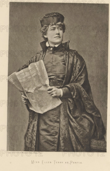 Miss Ellen Terry as Portia, page, photomechanical print, photographer: Window & Grove, cliché maker: anonymous, c. 1883 - in or before 1893, paper, photoaquatint, height 214 mm x width 143 mm, Person, Ellen Terry, portrait of actor, actress, A sepia-toned portrait of a person standing and holding a folded sheet of paper, wearing a round flat-topped hat and a high-collared garment beneath a richly textured, patterned cloak; the person's hair is short and curly, their expression is neutral with eyes directed slightly to the side, and visible hands hold the paper at waist height while the cloak drapes with folds down to the lower frame against a plain, softly shaded background.