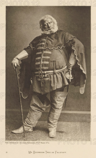 Herbert Beerbohm Tree as Falstaff, page, photomechanical print, photographer: London Stereoscopic Company, cliché maker: anonymous, c. 1883 - in or before 1893, paper, photoaquatint, height 216 mm x width 137 mm, Person, Herbert Beerbohm Tree, portrait of actor, actress, A sepia-toned portrait of a man standing full-length wearing a heavy costume with a wide scalloped cape and padded tunic, a wide belt with visible fastenings, loose knee-high boots, and a curly full beard and hair; he rests one hand on a slender cane and the other hand on his hip holding a small ridden object, his legs are slightly apart with one knee bent, and the background is plain and evenly shaded.