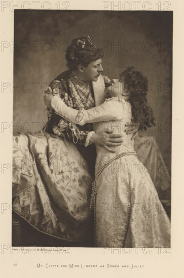 Mr. Clyffe and Miss Lingard as Romeo and Juliet, page, photomechanical print, photographer: Downey, William & Daniel, cliché maker: anonymous, c. 1883 - in or before 1893, paper, photoaquatint, height 214 mm x width 143 mm, Person, Alice Dunning Lingard, Clyffe, portrait of actor, actress, A sepia-toned portrait of two people embracing, both wearing ornate period costumes. The person on the left has short styled hair with decorative headpieces and a richly patterned jacket with embroidered sleeves and a quilted front, and they are leaning toward the other person. The person on the right has long curly hair and a high-necked dress with lace trim and an intricate floral pattern, and they are leaning back with their arms around the other person's shoulders. The left person's hands rest on the right person's back and waist. A draped fabric with a floral design is visible behind and beneath them. The background is plain and softly shaded.