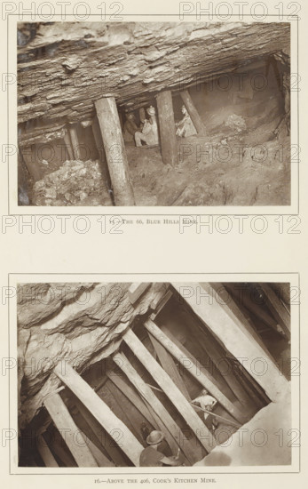 Above the 406, Cook's Kitchen Mine, The 66, Blue Hills Mine, Pillars in a mine in Cornwall, page, photomechanical print, Above a pillar in the Blue Hills Mine, below a pillar in the Cook's Kitchen Mine., number: '15.', number: '16.', photographer: John Charles Burrow, Cornwall, clichémaker: anonymous, United Kingdom, c. 1893, paper, Woodburytype, Woodburytypie, height 304 mm x width 243 mm, Prints opposite page 28., miner, shafts and galleries (of a mine), beam, joist, rafter, building material, A sepia-toned photograph showing an underground rock cavity supported by many angled timber beams and upright wooden posts with rough textured rock overhead and rocky floor; three men are visible among the supports wearing work clothes and hats, one man stands further back near the beams while another sits or crouches closer to the foreground and a third is partially visible near the top of the image; loose rock and rubble lie on the ground and the beams form a repeating diagonal pattern across...