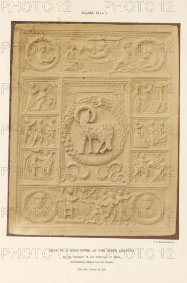 Leaf of a book-cover of the sixth century, Ivory book cover from the 6th century with scenes from the Gospels, photograph, page, inscription: 'In the Treasury of the Cathedral of Milan, Representing subjects from the Gospels. Size 15.5 inches by 12.5.', number: '(Class IV.) a.1.', photographer: JA Spencer, c. 1850 - in or before 1856, paper, albumen print, height 184 mm x width 146 mm, Photo opposite title page., book-cover, binding, the four evangelists, the four main prophets, A rectangular carved panel with multiple framed scenes and decorative borders, dominated by a central wreath encircling a standing sheep with a halo; surrounding the central motif are smaller rectangular and square reliefs showing seated and standing human figures in various poses, some figures interacting with animals, others gesturing toward each other or toward architectural elements like steps and a draped canopy; at the top a horizontal band contains reclining figures and circular medallions with busts, wh...