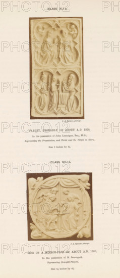 Tablet, probably of about 1300, Side of a mirror-case of about 1300, Two ivory objects, photograph, page, Above a tablet decorated with Christian scenes, below a mirror casing with people playing a game., number: '(Class XII.) d.', number: '(Class XI.) a.', inscription: 'In the possession of M. Sauvageot, Representing Draught-Players. Size 4.5 inches by 4.5.', inscription: 'In the possession of John Lentaigne, Esq., MD, Representing the Presentation, and Christ and the Virgin in Glory. Size 8 inches by 4.5.', photographer: JA Spencer, c. 1850 - in or before 1856, paper, albumen print, height 285 mm x width 220 mm, group games, party games, Mary and Joseph blessed by Simeon, presentation of the Christ-child, A photograph of two carved rectangular panels mounted vertically on a pale background, the upper panel showing a relief divided horizontally into two rounded quatrefoil compartments each containing robed seated figures and partial surrounding decorative motifs, and the lower panel s...