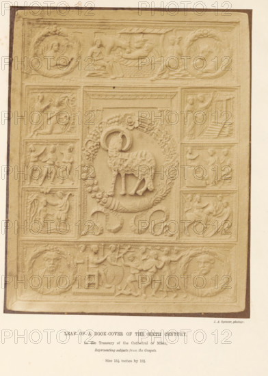 Notices of sculpture in ivory, consisting of a lecture on the history, methods, and chief productions of the art, book, inscription: 'Charles P. Neuter ... from ...', writer (clerical worker): Matthew Digby Wyatt, writer (clerical worker): Edmund Oldfield, publisher: Arundel Society for Promoting the Knowledge of Art, London, 1856, writer (clerical worker), pasteboard, biological material, paper, leather, albumen print, height 292 mm x width 225 mm x thickness 9 mm, A rectangular carved panel with a central raised oval medallion containing a lamb standing on a decorative base surrounded by a wreath and floral motifs, flanked by smaller rectangular and square panels containing low-relief human figures in various posed scenes, allegorical or narrative groups, and architectural elements; the top section shows circular medallions with reclining figures and seated figures in a horizontal panel, while the lower area includes round portraits and a band of dancing or grouped figures, all rende...