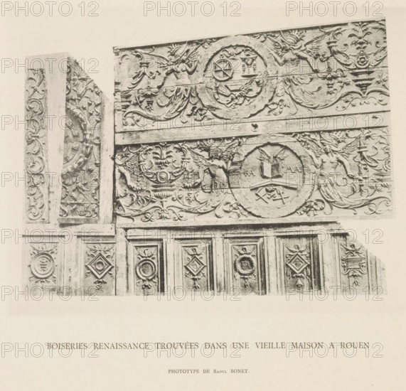 Boiserie Renaissance trouvées dans une vieille maison in Rouen, Paneling of a house in Rouen, page, photomechanical print, number: 'Pl. VIII.', photographer: Raoul Bonet, c. 1885 - in or before 1895, paper, collotype, photoprint, height 175 mm x width 143 mm, paneling, A sepia-toned photograph of an ornate carved wooden panel showing upper decorative frieze and lower paneled doors, with intricate floral scrollwork, circular medallions, and framed diamond-shaped motifs; the frieze features winged female figures in flowing drapery, circular wreaths with emblems, stylized urns and garlands, and symmetrical foliage reliefs, while the doors below display repeating carved panels each with central raised ornamentation surrounded by carved borders and small decorative motifs along vertical divisions.