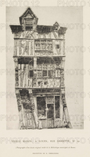 Photo reproduction of a drawing depicting an exterior of a house at Rue Damiette 29 in Rouen, Vieille maison, a Rouen, Rue Damiette, No 29, reproduction, page, photomechanical print, number: 'Pl. X.', photographer: N. Oberlender, after drawing by anonymous, c. 1885 - in or before 1895, paper, collotype, photoprint, height 196 mm x width 125 mm, housing, façade (of house or building), A tall, narrow sketch of an old multi-story timbered building with a steep gabled roof and smaller roof dormer, exposed wooden beams and decorative carved posts, multiple paned windows set into the façade, a ground-level doorway with an angled frame and a large window beside it, balconies and overhanging upper floors supported by carved brackets, visible wood grain and shading rendering, and a pale blank background surrounding the building.