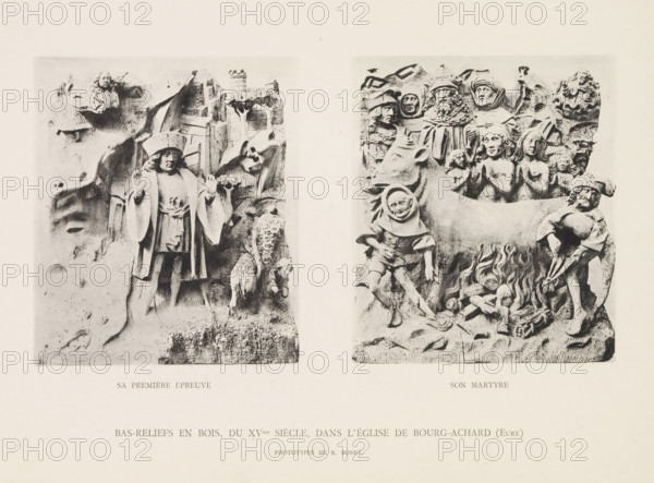 Son martyre, Two bas reliefs from the Église Saint-Lô in Bourg-Achard, depicting the ordeal and martyrdom of Saint Eustace of Rome, Sa première epreuve, Bas reliefs en bois, du XVme siècle, dans l'Église de Bourg-Achard (Eure), page, photomechanical print, number: 'Pl. III.', photographer: Raoul Bonet, Bourg-Achard, cliché maker: Raoul Bonet (possibly), c. 1885 - in or before 1895, Raoul Bonet, photographer, cliché maker, paper, collotype, phototype, height 243 mm x width 321 mm, Prints after page 28., the Roman soldier and hunter Eustace (Eustachius, Eustathius), possible attributes: banner, bull of brass, cuirass, hunting horn, lance, stag's head with crucifix, sword, two sons, wife, sculpture (relief, sculpture), martyrdom, suffering, misfortune, death of St. Eustace, A sepia-toned image showing two carved relief panels side by side on a light background, the left panel depicting a standing robed figure with raised hands wearing a headpiece, surrounded by carved architectural elemen...