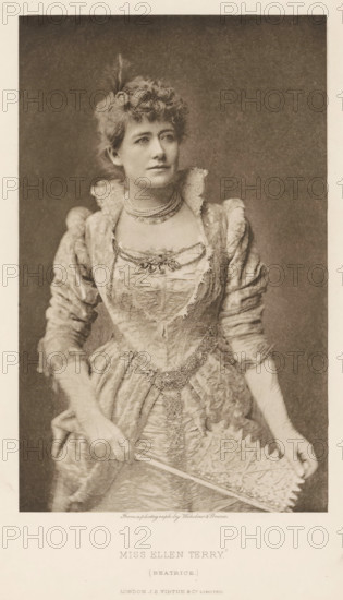 Miss Ellen Terry (Beatrice), page, photomechanical print, photographer: Window & Grove, cliché maker: anonymous, publisher: Virtue & Co., c. 1880 - in or before 1890, paper, photoaquatint, height 208 mm x width 129 mm, Person, Ellen Terry, portrait of actor, actress, A sepia-toned portrait of a woman shown from the thighs up wearing an ornate dress with puffed sleeves and a fitted bodice decorated with lace and embroidered details, a multi-strand necklace around her neck, her hair styled in soft curls with a small feather or ornament tucked at the top, she holds an open lace fan in one hand and a slender stick or handle in the other, her gaze is slightly off to the side, and a plain darker background frames her figure.