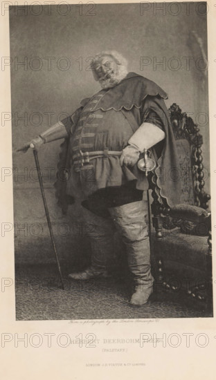 Herbert Beerbohm Tree (Falstaff), page, photomechanical print, photographer: London Stereoscopic Company, cliché maker: anonymous, publisher: Virtue & Co., c. 1880 - in or before 1890, paper, photoaquatint, height 208 mm x width 129 mm, Person, portrait of actor, actress, A full-length portrait of a heavyset older man standing beside an ornately carved chair, wearing a layered costume with a scalloped cape, long sleeves, and a belted tunic, with a bushy beard and hair, one hand resting on a cane and the other holding a small cup and a short sword at his side, high boots covering his legs, a patterned floor beneath him, and a plain backdrop behind him.
