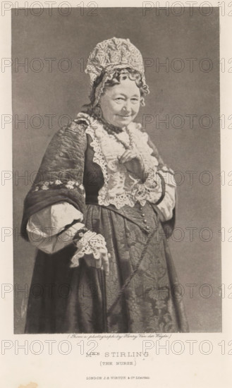 Mrs. Stirling (the nurse), page, photomechanical print, photographer: Henry van der Weyde, Dublin, cliché maker: anonymous, publisher: Virtue & Co., London, c. 1880 - in or before 1890, Leinster, paper, photoaquatint, height 199 mm x width 127 mm, Person, Mary Anne Stirling, portrait of actor, actress, A monochrome portrait of an older woman wearing a tall, textured bonnet and a layered dress with a lace collar and lace cuffs, her face turned slightly with a gentle expression and faint smile, one hand raised near her chest and the other resting downward, the dress showing patterned fabric and a shawl draped over one shoulder, set against a plain backdrop with a light border around the image.