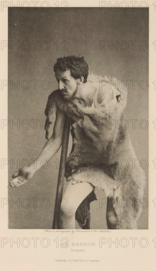 FR Benson (Timon), page, photomechanical print, photographer: Chancellor, Dublin, cliché maker: anonymous, publisher: Virtue & Co., London, c. 1880 - in or before 1890, Leinster, paper, photoaquatint, height 190 mm x width 121 mm, Person, Frank Benson, portrait of actor, actress, A sepia-toned photograph of a seated man draped in a large fur pelt, leaning on a vertical staff with one arm extended forward and his hand open, his upper body slightly hunched and his head turned to the side, showing a thoughtful facial expression and short, wavy hair; the fur covers his shoulders and torso and hangs down over his legs, revealing a bare thigh, and the plain background is textured with subtle grain.