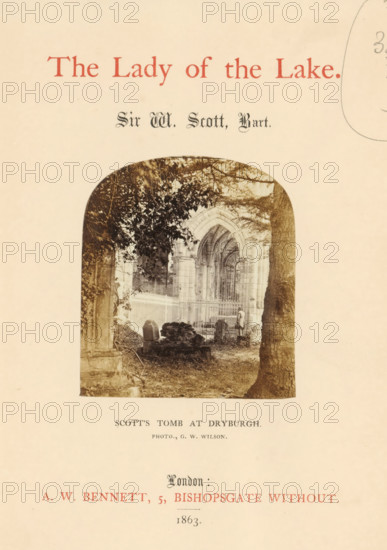 Scott's tomb at Dryburgh, Tomb of Walter Scott at Dryburgh Abbey, photograph, page, photographer: George Washington Wilson, Dryburgh Abbey, c. 1853 - in or before 1863, George Washington Wilson, photographer, paper, albumen print, height 76 mm x width 67 mm, Photo on title page., Person, Walter Scott, grave, tomb, A pale page shows a centered arched photograph of a stone church interior visible through trees, with pointed arches, pillars, a metal fence, and a gravestone or monument in front, framed by a tree trunk on the right and foliage on the left, all in sepia tones.
