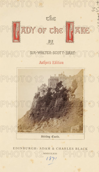View of Stirling Castle, Stirling Castle, photograph, page, Stirling, c. 1861 - in or before 1871, photographer, paper, albumen print, height 65 mm x width 66 mm, Photo on title page., castle, A vertically oriented aged page with decorative red and black ornamental initials near the top, a framed sepia photograph of a castle perched on a rocky, tree-covered cliff occupying the central area, and a wide margin with scattered small brown spots and slight discoloration across the background.