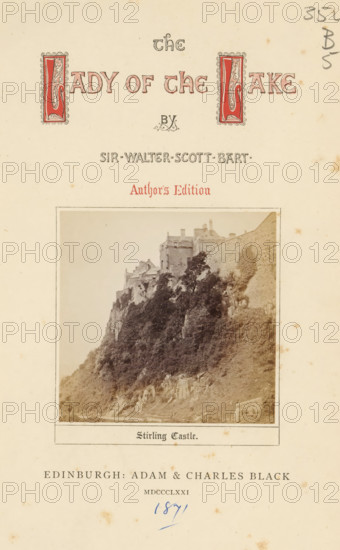 The lady of the lake, book, number: 'Sotheby's London 444130', writer (clerical worker): Walter Scott, publisher: Black, Adam & Charles, Edinburgh, 1871, Walter Scott, Black, writer (clerical worker), publisher, textile materials, paper, linen (material), albumen print, color autotype, color on cut, printing, height 210 mm x width 140 mm x thickness 35 mm, A cream-colored aged page with decorative red and black ornamental capitals and a centered photographic print of a castle perched on a steep rocky, tree-covered cliff, the photograph framed by a thin border and showing stone walls and turrets above dense foliage and exposed rock, with scattered small brown age spots across the paper and a faint handwritten mark near the top right.