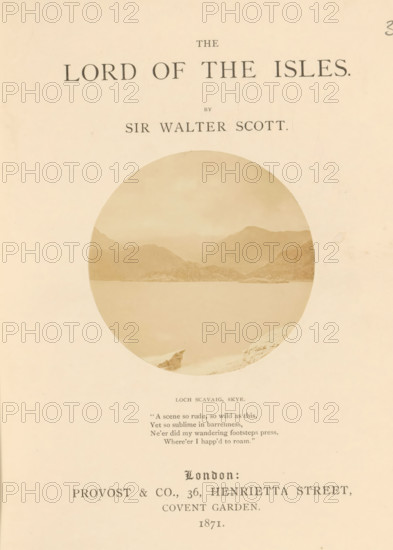 Loch Scavaig, Skye, photograph, page, inscription: ''A scene so rude, to roam.'', photographer: Stephen Thompson, c. 1861 - in or before 1871, paper, albumen print, height 71 mm x width 71 mm, Photo on title page., lake, A pale page with a large circular sepia-toned landscape image centered near the top showing a calm body of water in the foreground and layered mountains or hills fading into the distance, with rocky shore details visible at the circle's lower edge, surrounded by empty cream-colored margins.