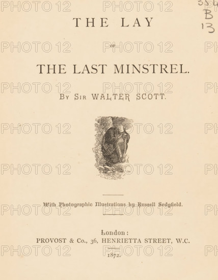 The lay of the last minstrel, book, inscription: 'Third prize for Impro..., awarded to Ada C. Slayer by the ... Wright July 1873', writer (clerical worker): Walter Scott, publisher: Provost & Co, London, 1872, writer (clerical worker), textile materials, pasteboard, paper, linen (material), printing, albumen print, woodcut, color on cut, height 201 mm x width 164 mm x thickness 18 mm, A cream-colored page with a centered vertical layout showing large dark serif lettering near the top, smaller dark serif lettering beneath, and a small engraved illustration of a seated figure holding a harp surrounded by foliage in the middle; there are decorative horizontal lines and additional dark text near the lower half of the page, with a narrow blank margin around the content and a faint handwritten mark in the top right corner.