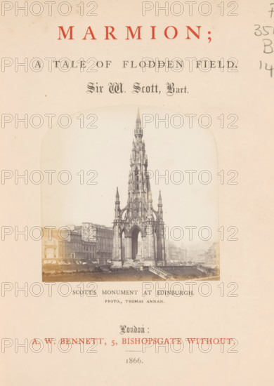 Marmion, a tale of Flodden Field, book, inscription: 'EA Dukes from M. W Arkens of Vall...burn Jan 1867.', writer (clerical worker): Walter Scott, publisher: Alfred William Bennett, London, 1866, writer (clerical worker), plant material, biological material, paper, wood (plant material), printing, albumen print, color on cut, engraving, ciselure, height 198 mm x width 160 mm x thickness 30 mm, A pale page showing a centered monochrome photograph of a tall ornate Gothic monument with pointed spires and open arches set against a cityscape of multi-story buildings, the photograph framed by a rounded top and lighter margins; above and below the photograph are areas of blank paper with printed lines of decorative text in various styles that are visible as typographic elements without specifying their content, and there are faint signs of aging such as small spots and slight discoloration on the paper.