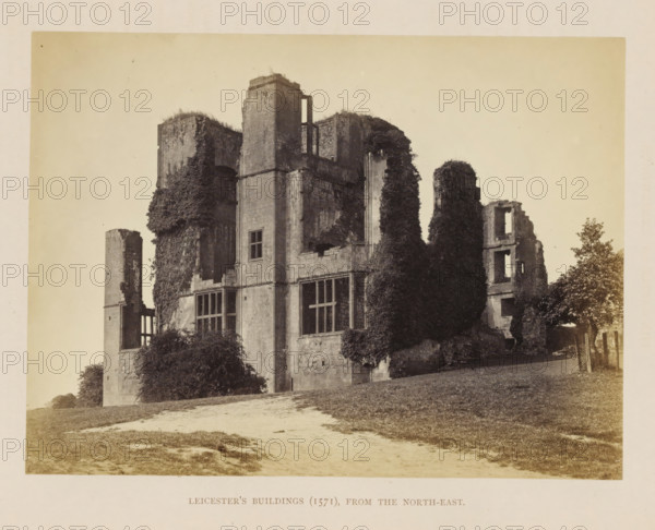 Leicester's Buildings (1571), from the north-east, View of the ruins of the Leicester Towers of Kenilworth Castle, photograph, page, Kenilworth Castle, c. 1862 - in or before 1872, photographer, Kenilworth, paper, albumen print, height 151 mm x width 203 mm, ruin of a dwelling, house, castle, tower, clock tower, monumental adornment, A large stone ruin of a multi-story building occupies the center of the image, with tall vertical walls, window openings, and partial towers showing worn and broken edges. Sections of the structure are covered in dense climbing vegetation that reaches high along the walls and around openings, and some window frames remain visible while others are empty. In front of and around the ruin there is a grassy slope and a dirt path leading toward the foreground. A leafy tree stands to the right of the building near one of the ruined sections, and scattered low shrubs and groundcover dot the base of the walls. The sky above is pale and clear, forming a neutral back...