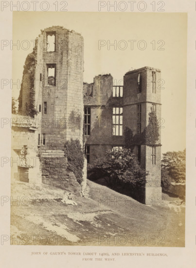 View of ruins of towers of Kenilworth Castle, John of Gaunt's Tower (About 1400), and Leicester's Buildings, from the west, photograph, page, Kenilworth Castle, c. 1862 - in or before 1872, photographer, Kenilworth, paper, albumen print, height 204 mm x width 152 mm, ruin of a dwelling, house, castle, tower, clock tower, monumental adornment, A sepia-toned photograph showing a large stone ruin with tall rectangular towers and sections of wall, some window openings without glass, and rough masonry with vines climbing parts of the structure; a sloping grassy foreground leads up to the base of the ruin where two seated figures in light clothing rest on the grass; trees and bushes surround parts of the building and a clear pale sky fills the upper background.