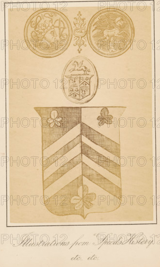 Illustrations from 'Speed's History', photograph, reproduction, page, photographer: J. Perry, after drawing by anonymous, c. 1872 - in or before 1882, J. Perry, photographer, after drawing by, paper, albumen print, height 153 mm x width 103 mm, armorial bearing, heraldry, A sepia-toned drawing showing a large shield with a pointed base and vertical center line, the shield divided into alternating diagonal stripes with a three-leafed floral motif near the top on each side and another floral motif near the base; above the shield are two circular coin-like medallions at the top left and top right featuring profile faces and decorative borders with an ornamental vertical emblem between them, and a small oval crest above the shield depicting a winged horse atop a quartered coat of arms; the image is framed by a thin rectangular border and rests on a pale background.