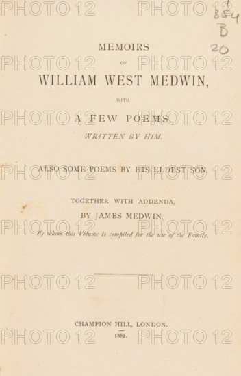 Memoirs of William West Medwin, with a few poems written by him, book, writer (clerical worker): William West Medwin, writer (clerical worker): James Medwin, 1882, writer (clerical worker), pasteboard, biological material, paper, leather, printing, albumen print, snail marbled paper, color on cut, height 217 mm x width 144 mm x thickness 41 mm, A vertically oriented aged book page with centered printed lines of serif text in varying sizes and a narrow horizontal rule near the middle; the paper is a warm off-white with small brown foxing marks and light discoloration, and there are pencil scribbles in the top right corner; margins surround the printed area and the lower portion of the page is largely blank.