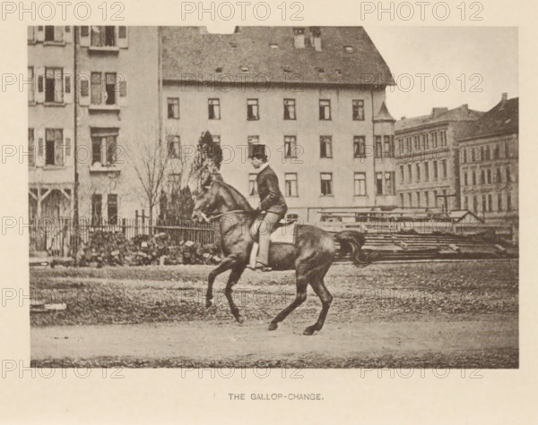 Man on a horse at a gallop, The gallop-change, page, photomechanical print, photographer: Seligmüller, Stuttgart (possibly), cliché maker: Römmler & Jonas, Dresden, c. 1879 - in or before 1889, Baden-Württemberg, paper, collotype, photoprint, height 96 mm x width 137 mm, riding a horse, ass, or mule, rider, horseman, galloping horse, head-gear: bowler hat, A sepia-toned photograph shows a rider in formal attire seated on a horse in mid-stride on a dirt or gravel surface, the rider wearing a dark jacket and a tall hat and holding the reins while the horse moves with one front leg raised and hind legs extended; behind them is a row of multi-story buildings with many windows and a pitched roof, a fence and some leafless trees and shrubs near the buildings, and stacks of long boards or beams visible beyond the fence.