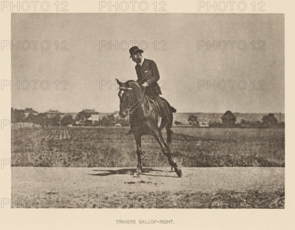 Man on a horse in sideways gallop, Travers gallop-right, page, photomechanical print, cliché maker: Römmler & Jonas, Dresden, c. 1879 - in or before 1889, photographer, paper, collotype, photoprint, height 97 mm x width 136 mm, riding a horse, ass, or mule, rider, horseman, galloping horse, head-gear: bowler hat, A sepia-toned photograph of a man wearing a dark suit and a hat riding a dark horse across an open field with a distant treeline and small buildings on the horizon, the horse shown in mid-stride with its head slightly lowered and the rider looking down toward the animal, shadows falling on the ground beneath them and textured soil in the foreground.