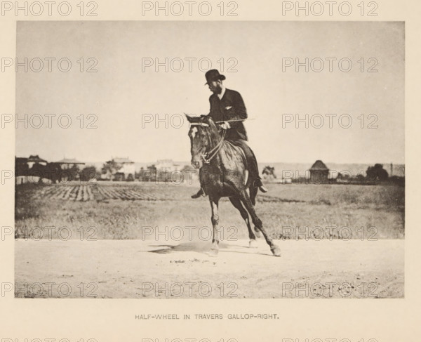 Half-wheel in travers gallop-right, Man on a horse in sideways gallop, page, photomechanical print, cliché maker: Römmler & Jonas, Dresden, c. 1879 - in or before 1889, photographer, paper, collotype, photoprint, height 98 mm x width 138 mm, riding a horse, ass, or mule, rider, horseman, galloping horse, head-gear: bowler hat, A sepia-toned photograph showing a man wearing a dark suit jacket and a hat riding a horse toward the camera across a flat open area, the horse mid-stride with its head slightly lowered and reins visible, a distant low horizon with scattered buildings and vegetation behind them, and a wide expanse of sky above.