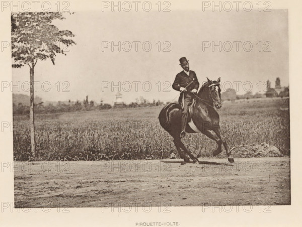 Pirouette-volte, Man on a horse in a pirouette, page, photomechanical print, cliché maker: Römmler & Jonas, Dresden, c. 1879 - in or before 1889, photographer, paper, collotype, photoprint, height 97 mm x width 138 mm, horse, riding a horse, ass, or mule, rider, horseman, head-gear: bowler hat, A sepia-toned photograph of a man riding a dark horse in a field, the rider wearing a suit and a bowler hat and holding reins and a riding crop, the horse shown mid-stride with a visible bridle and saddle, a tall slender tree at the left edge with foliage at its top, a background of low vegetation and distant structures, and a dirt foreground stretching across the bottom of the image.