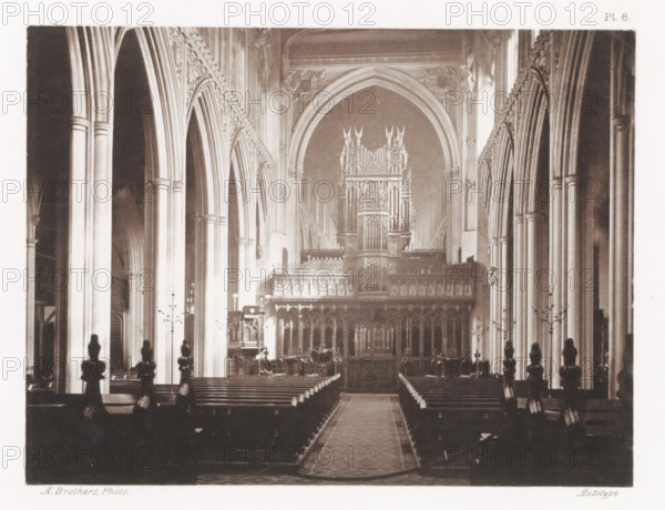 The Cathedral. Nave, Interior of the nave of Manchester Cathedral, page, photomechanical print, number: 'Pl. 6.', photographer: Brothers, Alfred, Manchester, clichémaker: anonymous, c. 1868 - in or before 1878, printer (person), paper, collotype, photogravure, height 139 mm x width 184 mm, parts of church interior: nave, Manchester Cathedral, A long, narrow interior view of a cathedral nave with tall pointed arches and clustered columns lining both sides, a central aisle carpet leading toward an ornate carved choir screen and a large pipe organ set within a pointed arch at the far end, wooden pews arranged in rows on either side of the aisle, decorative stone tracery and sculpted details along the upper walls and arches, tall metal candelabra standing beside the pews, and silhouetted finials or carved figures visible atop the ends of the pews in the foreground.